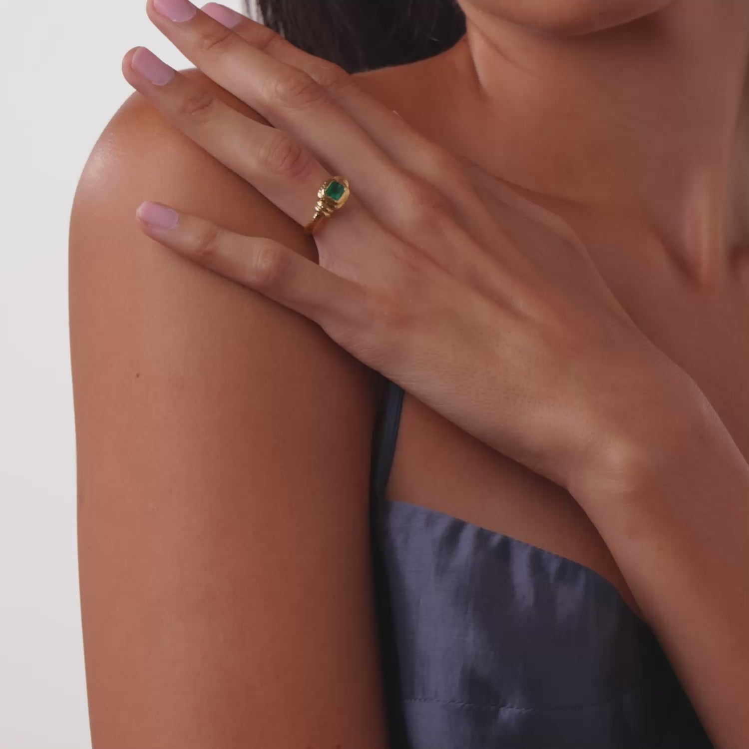 Mid century emerald 22k yellow gold bezel set ring
