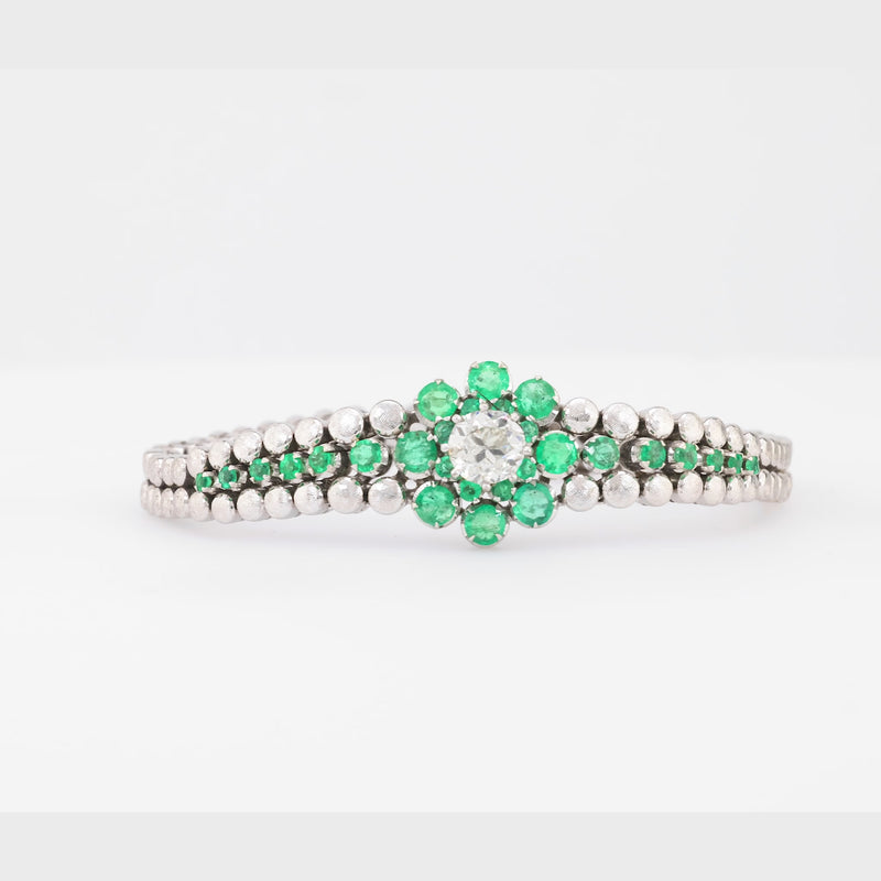 Mid Century Diamond Emerald 18K White Gold Floral Bracelet