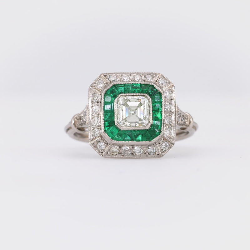 Art Deco Style Diamond Emerald Platinum Square Halo Ring