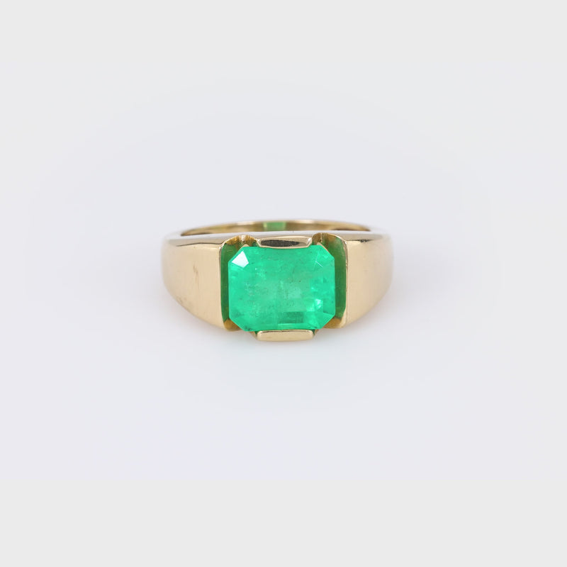 Vintage GIA 3.5 Carat Octagonal Cut Emerald 14K Yellow Gold Bezel Ring