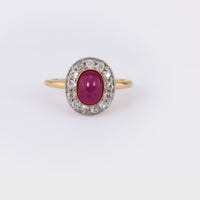 Edwardian Style Ruby Diamond 18K Yellow Gold Cluster Ring