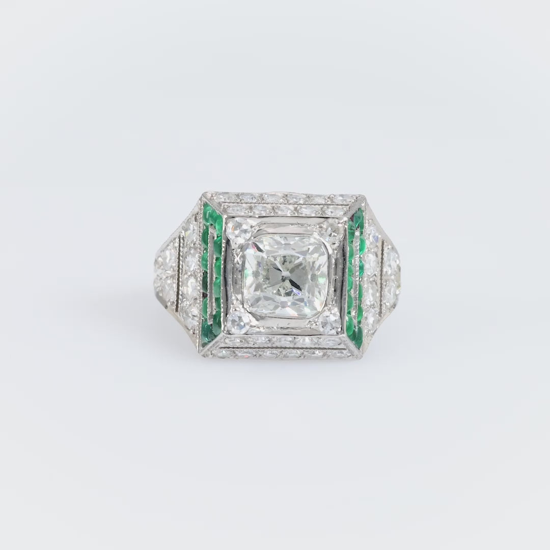 Art Deco GIA 1.51 carat old mine diamond emerald platinum ring