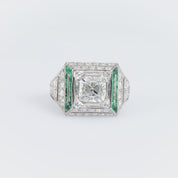 Art Deco GIA 1.51 carat old mine diamond emerald platinum ring