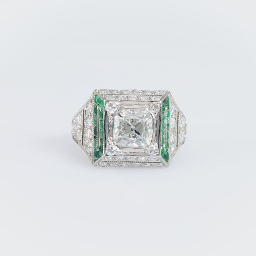 Art Deco GIA 1.51 carat old mine diamond emerald platinum ring