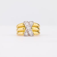 Vintage French Diamond 18K Yellow and White Gold X Ring