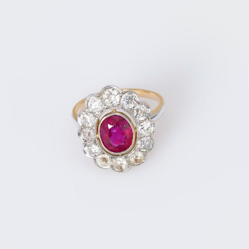 Victorian GIA 1.60 carat Burma no heat ruby diamond cluster ring