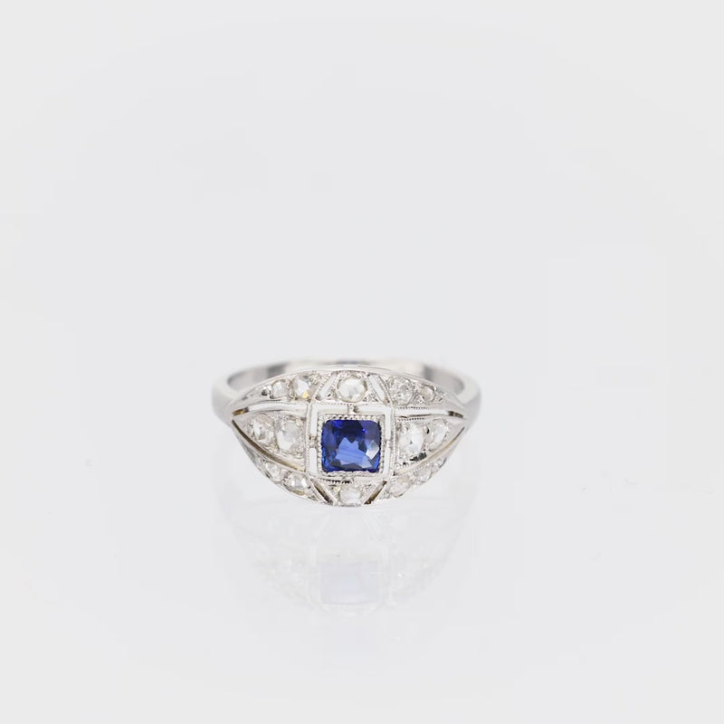 Art Deco French sapphire diamond 18k white gold ring