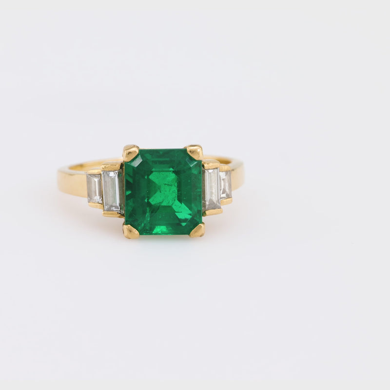 Vintage French GIA 3 Carat Emerald Diamond 18K Yellow Gold Ring