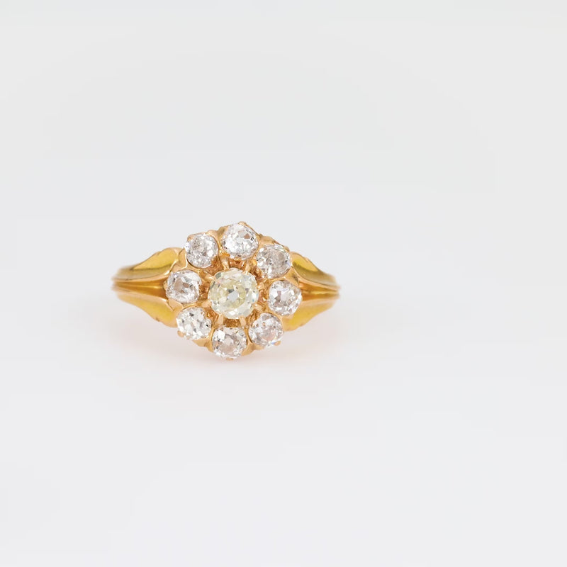 Victorian French diamond 18k yellow gold cluster ring