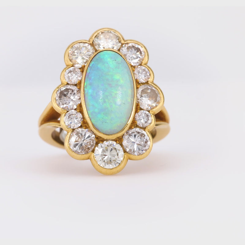 Vintage 4.5 Carat Cabochon Opal Diamond 18K Yellow and White Gold Cluster Ring