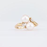 Vintage Pearl Diamond 14K Yellow Gold Toi Et Moi Ring