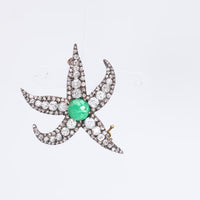 Antique Diamond Emerald Silver and Gold Starfish Brooch