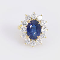 GIA 4.84 carat oval cut sapphire diamond 14k yellow gold cluster ring