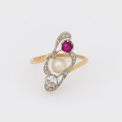 Edwardian pearl ruby diamond 18k yellow gold ring