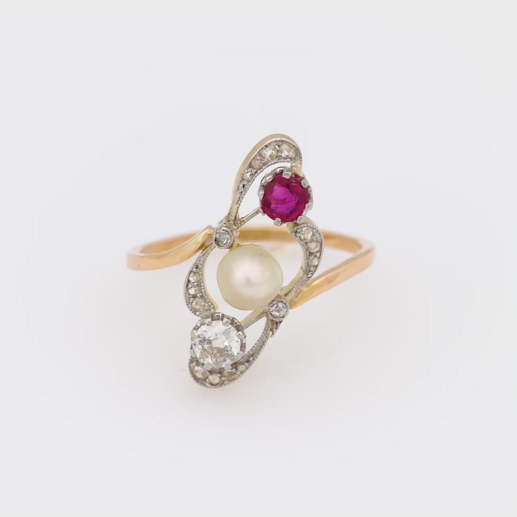 Edwardian pearl ruby diamond 18k yellow gold ring