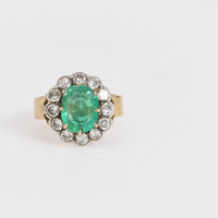 Antique style GIA 1.70 carat emerald diamond 14k yellow gold silver cluster ring