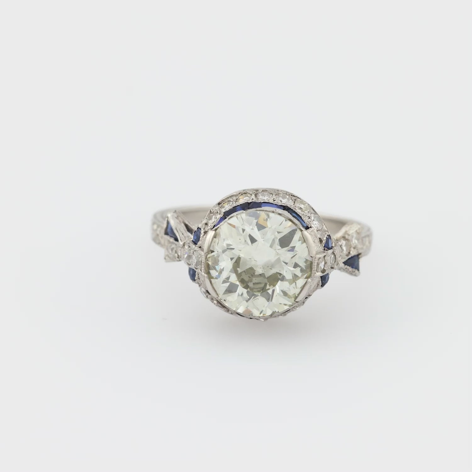 Art Deco 2.98 carat diamond sapphire platinum engagement ring