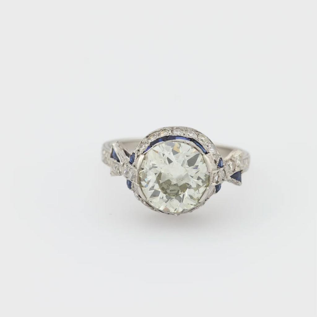 Art Deco 2.98 carat diamond sapphire platinum engagement ring