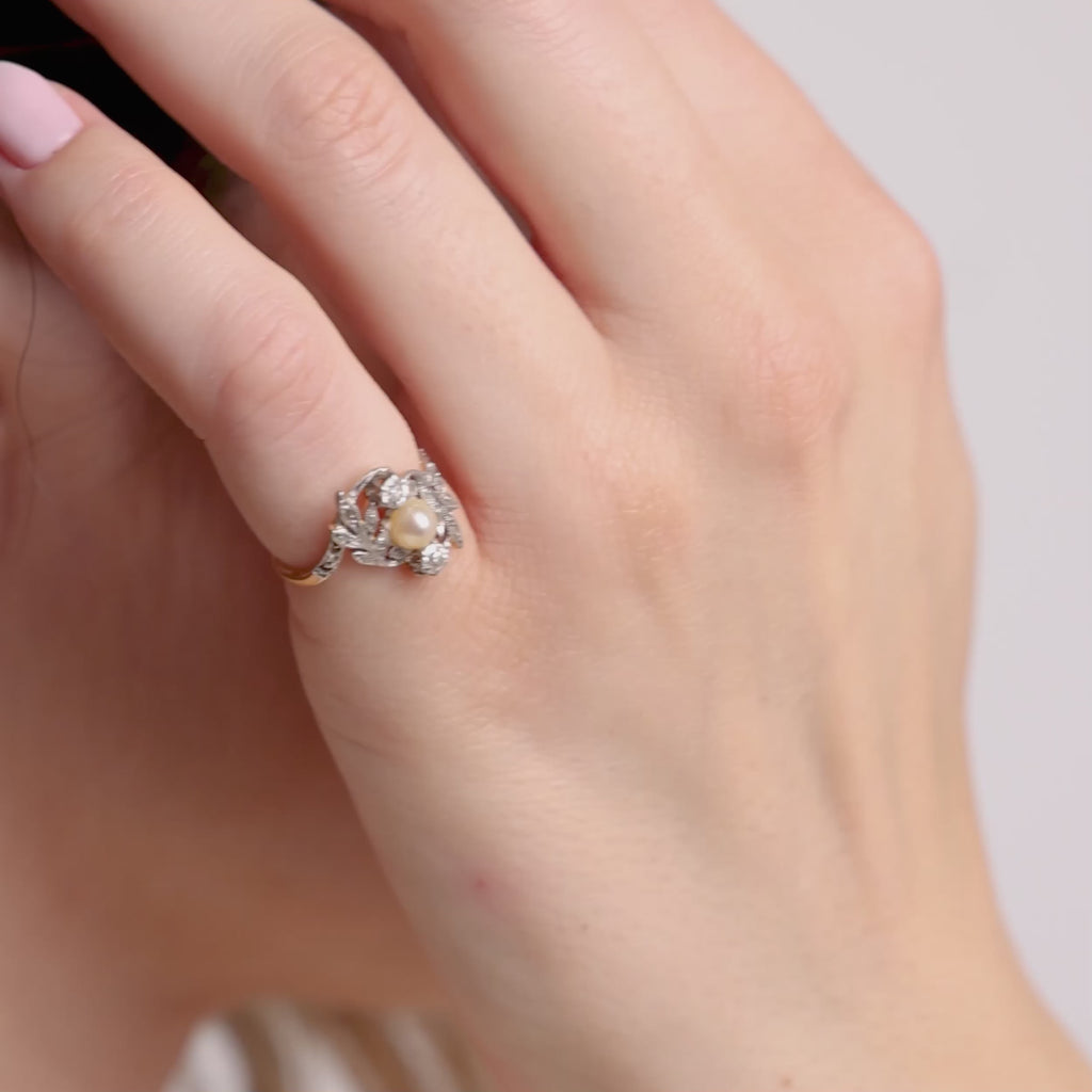 Victorian pearl old European cut diamond 18k yellow gold ring