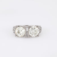 Art Deco 3.2 Carat Old European Cut Diamond Platinum Two Stone Ring