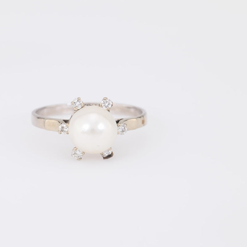 Vintage French Pearl Diamond 18K White Gold Solitaire Ring