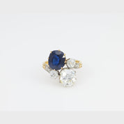 French AGL 3.42 carat no heat sapphire diamond 18k yellow gold toi et moi ring