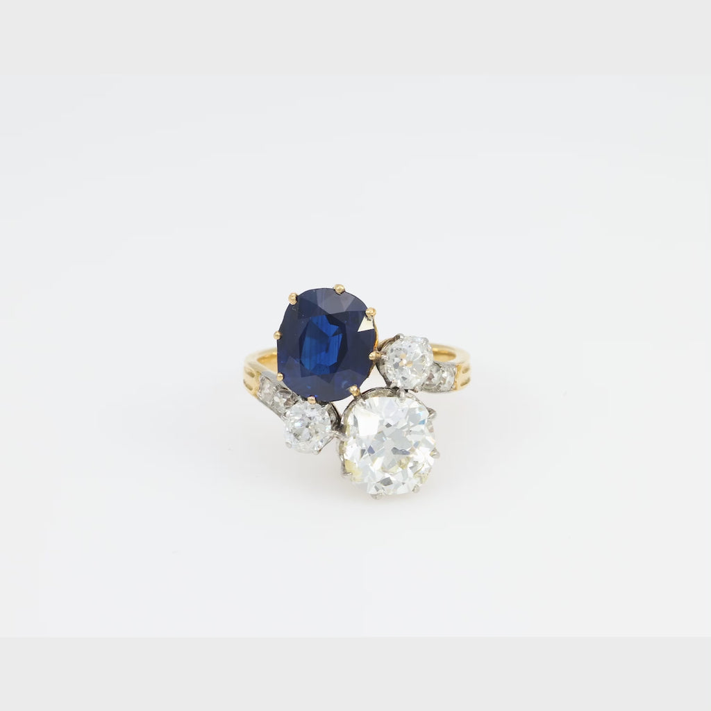 French AGL 3.42 carat no heat sapphire diamond 18k yellow gold toi et moi ring