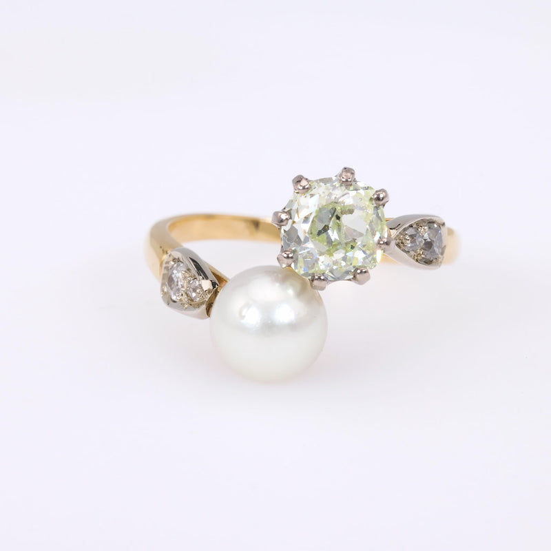 Belle Epoque GIA Diamond Pearl 18K Yellow Gold and Platinum Toi et Moi Ring