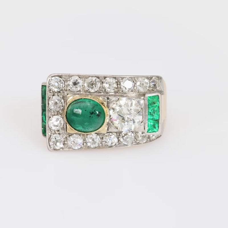 Retro emerald diamond 18k yellow gold ring