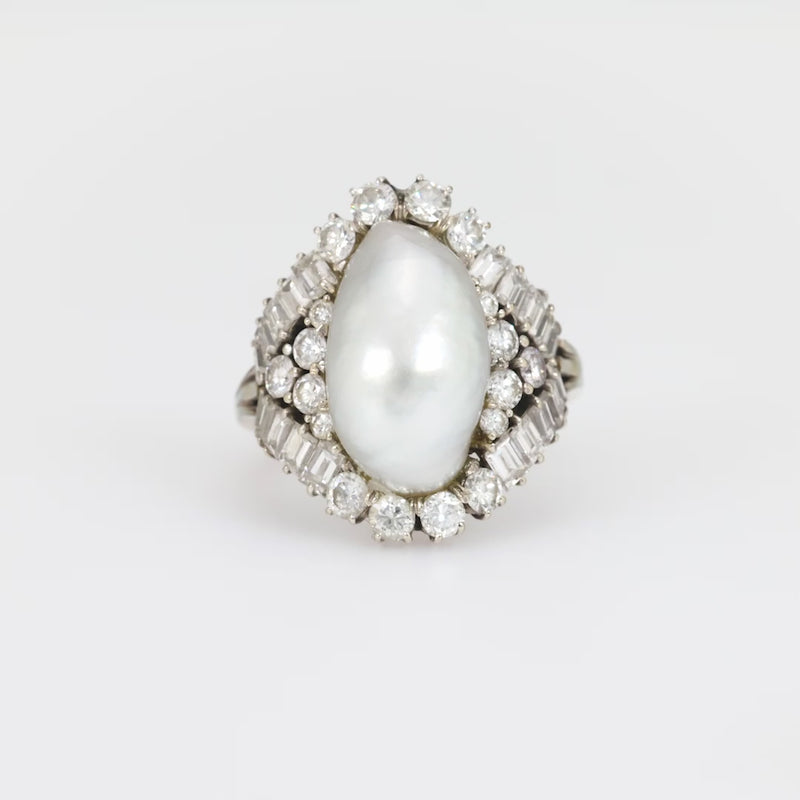 Mid Century pearl diamond 18k white gold cocktail ring