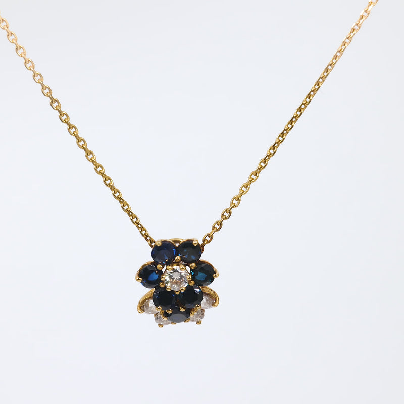 Mauboussin French sapphire diamond 18k yellow gold flower necklace