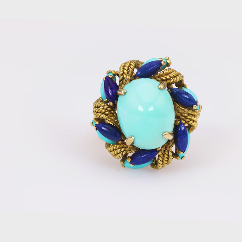 Vintage 6.5 Carat Cabochon Turquoise Lapis Lazuli 14K Yellow Gold Cocktail Ring