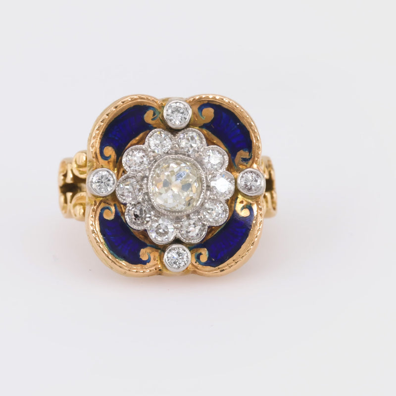 Victorian Revival Old Mine Cut Diamond 14K Yellow Gold Blue Enamel Ring