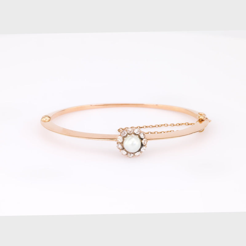 Victorian Pearl Rose Cut Diamond 18K Rose Gold Bangle