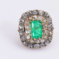 Late Victorian GIA Colombian Emerald Diamond Yellow Gold Cocktail Ring