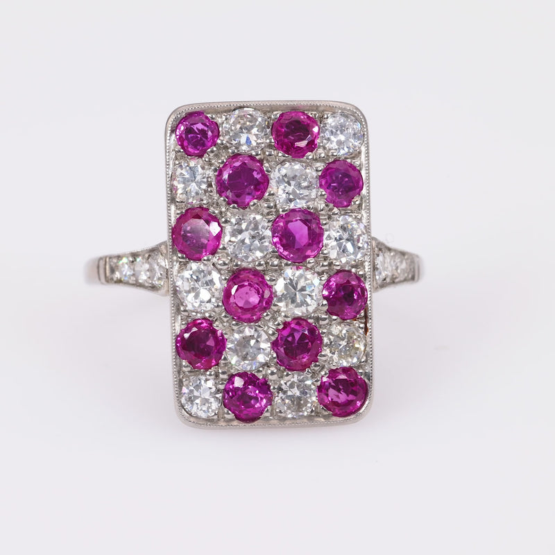 Art Deco Inspired Ruby Diamond Platinum Checkerboard Ring