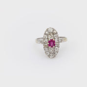 Belle Époque French ruby diamond 18k white gold navette ring