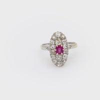 Belle Époque French ruby diamond 18k white gold navette ring