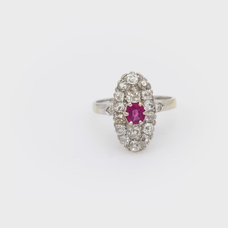 Belle Époque French ruby diamond 18k white gold navette ring