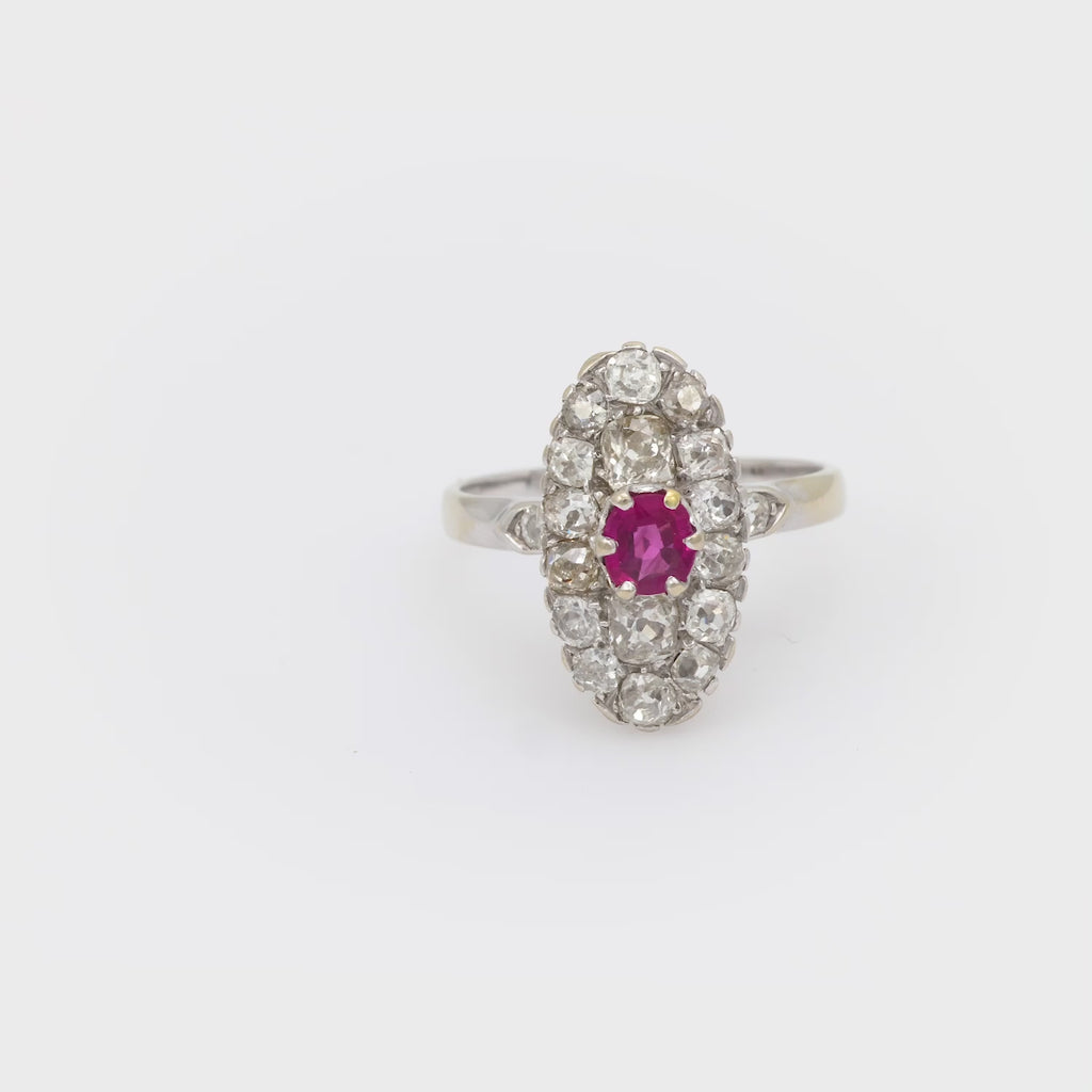 Belle Époque French ruby diamond 18k white gold navette ring