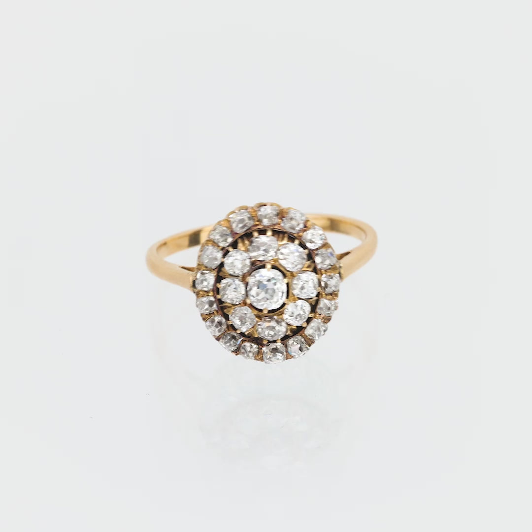 Victorian old mine cut diamond 18k yellow gold cluster ring