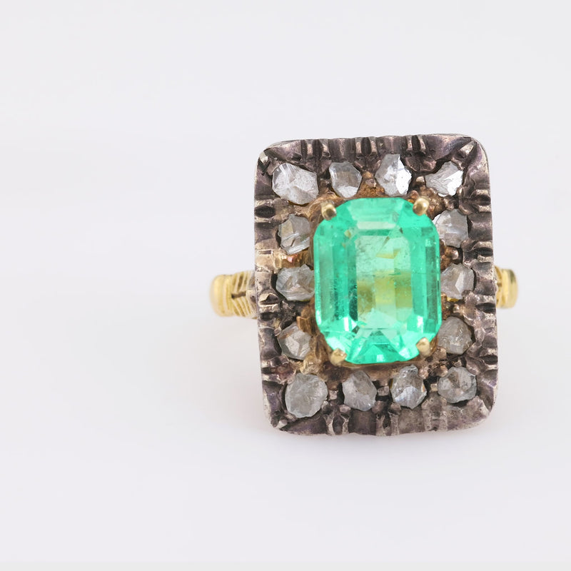 Victorian GIA 3 Carat Emerald Diamond 18K Yellow Gold Silver Square Ring