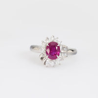 GIA 1.40 carat oval cut Burma ruby diamond platinum cluster ring