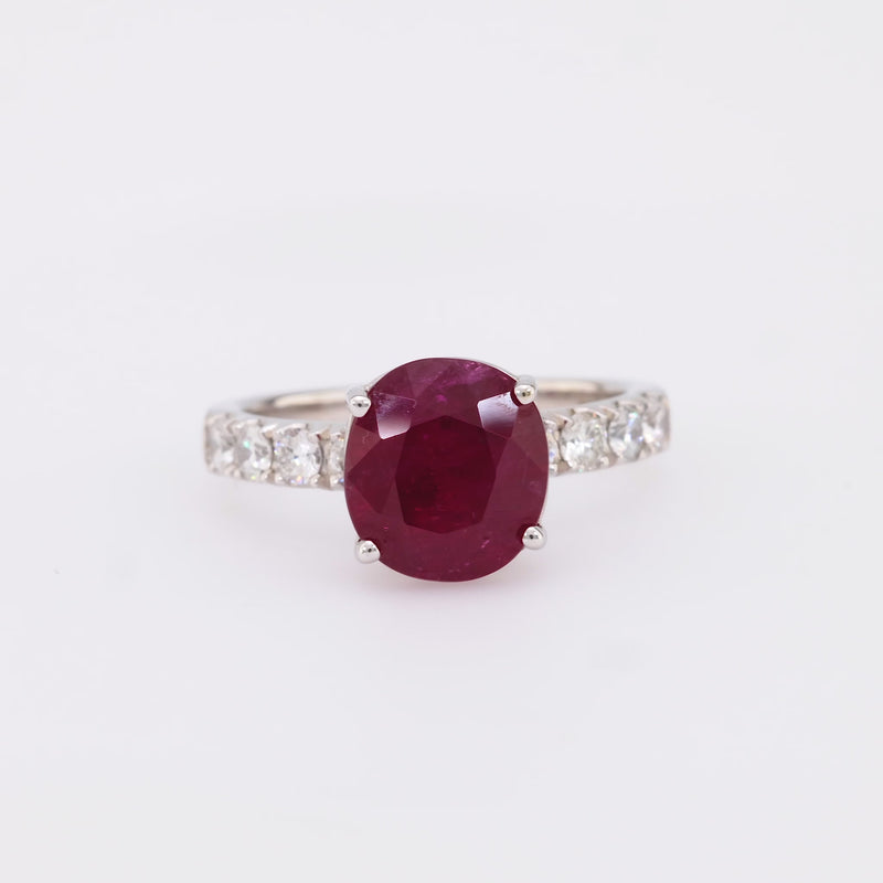 Confident GIA 3.7 carat oval cut ruby diamond 18k white gold ring