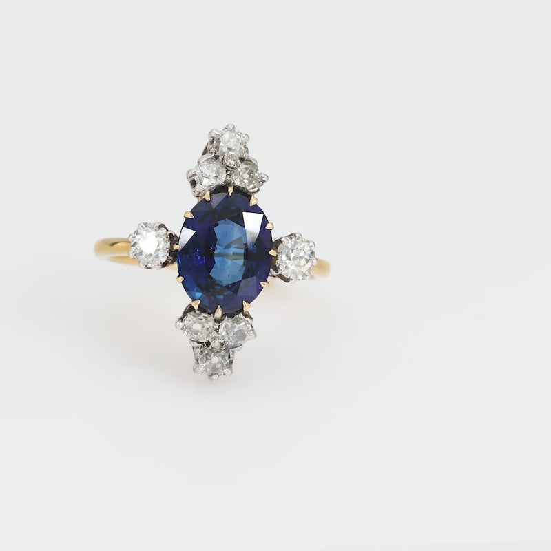 Antique GIA 4 carat sapphire diamond 18k yellow gold cocktail ring