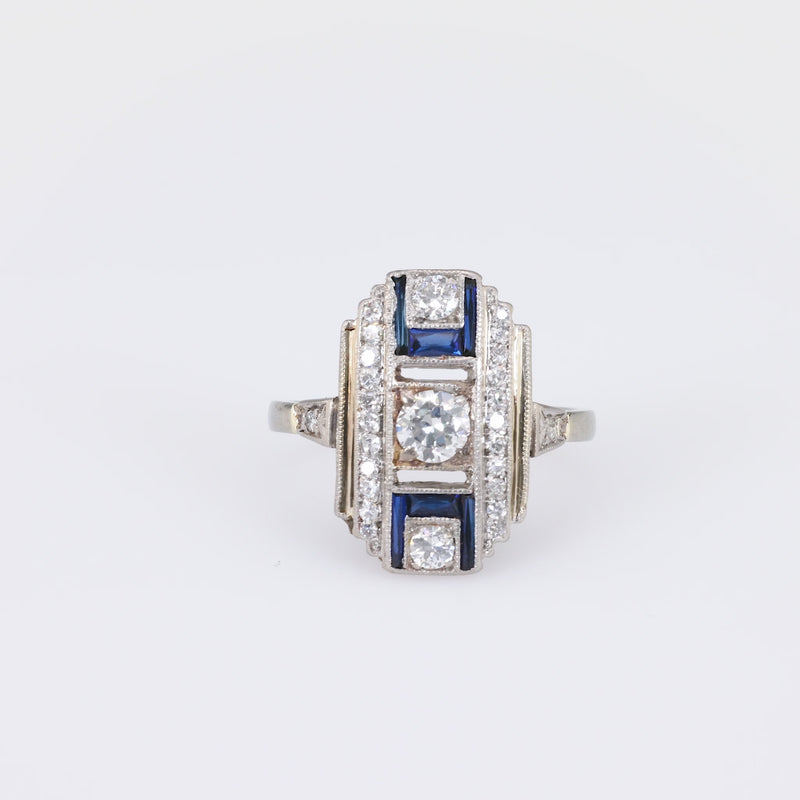 Art Deco Diamond Sapphire 14K White Gold Ring