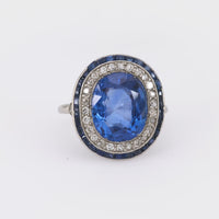 Art Deco French 4 Carat Burma No Heat Sapphire Diamond Platinum Cluster Ring