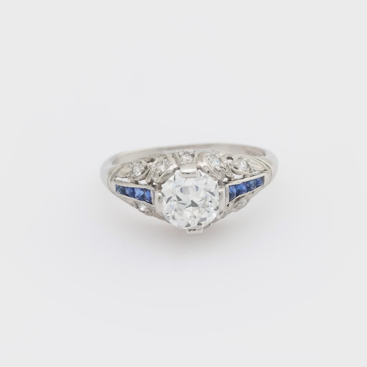 Art Deco style GIA .98 carat diamond sapphire platinum engagement ring
