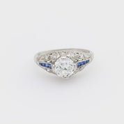 Art Deco style GIA .98 carat diamond sapphire platinum engagement ring