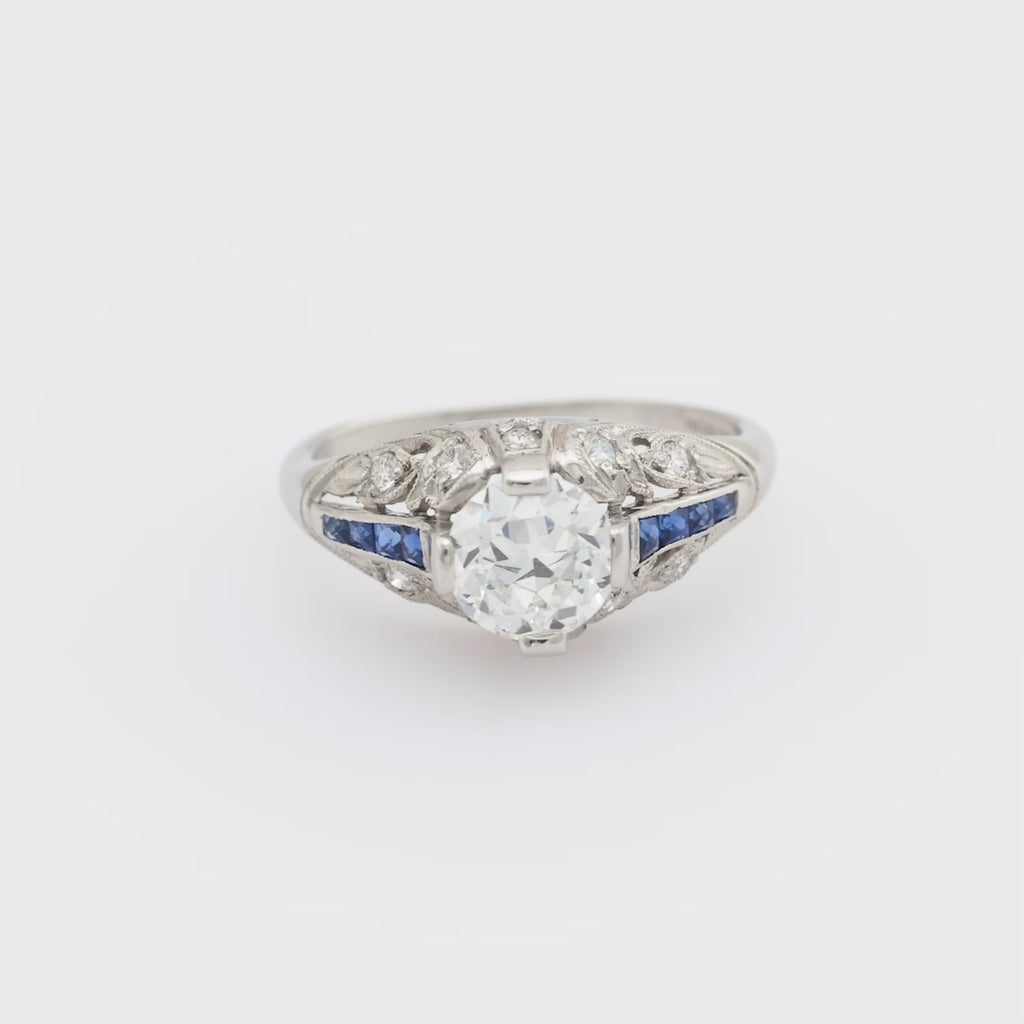Art Deco style GIA .98 carat diamond sapphire platinum engagement ring